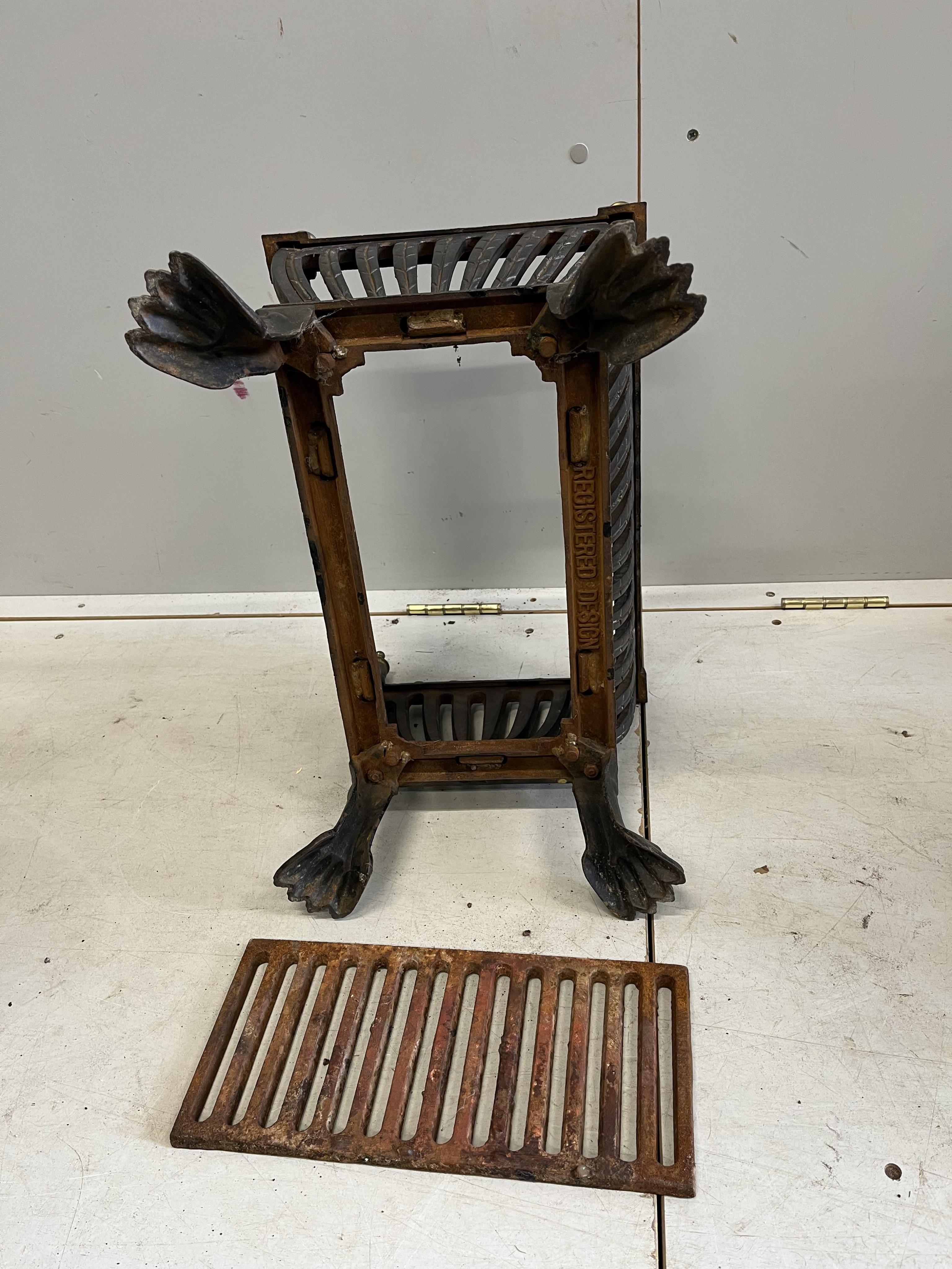 Two fireguards and a fire basket, largest fireguard, width 121cm, depth 31cm, height 66cm, inside measurement 108cm